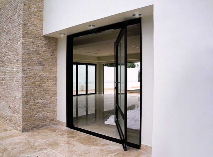 single glass panel steel framed pivot door