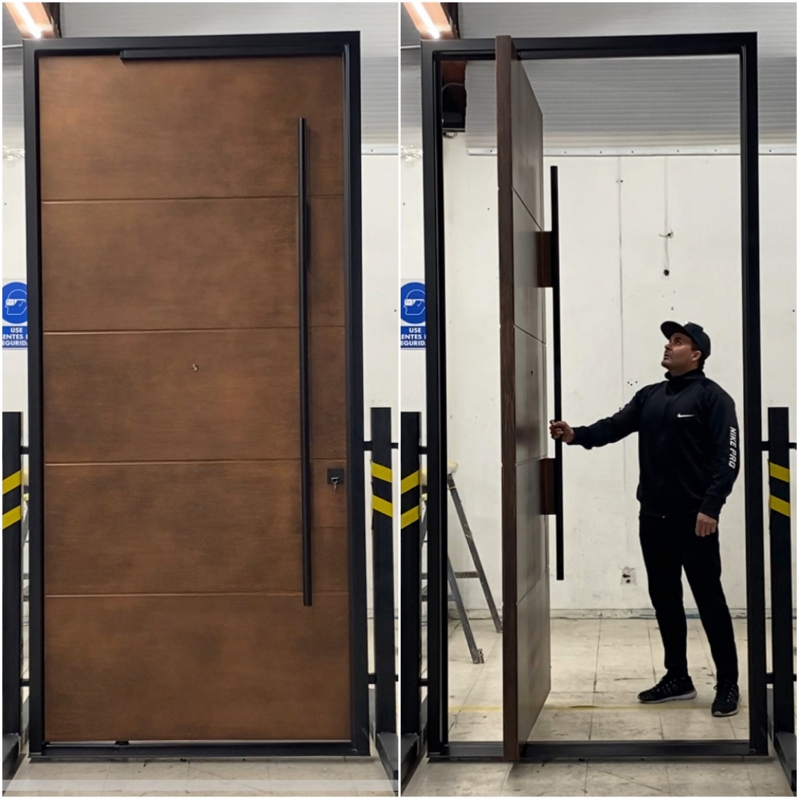 industrial pivot door with steel horizontal slats